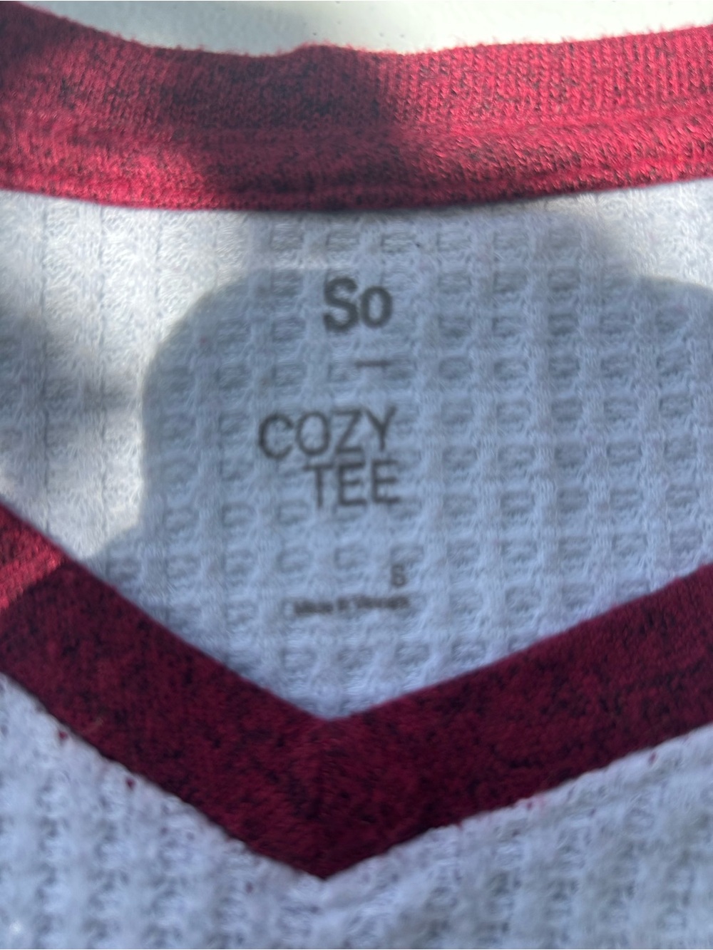 SO White Waffle Thermal Tee with Burgundy V-Neck Trim - Picture 2 of 2